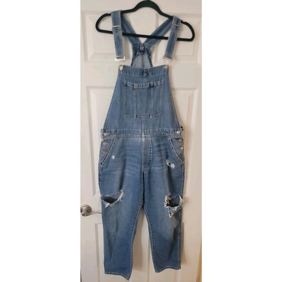 GAP Denim Overalls Women L Large Bib Slouchy Distressed Casual Blue Jean Y2K 90s - Picture 2 of 11